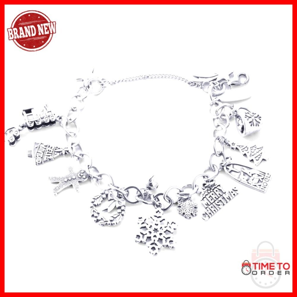 Sterling Silver Christmas Charm Bracelet with Adjustable Chain, 7.48 Inches
